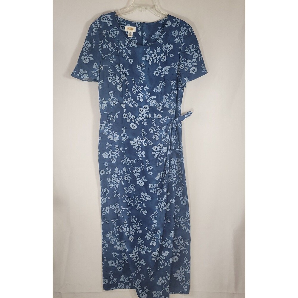 Talbots Vibrant Blue Floral Faux Wrap Midi Dress Side Tie Size 14 formal casual